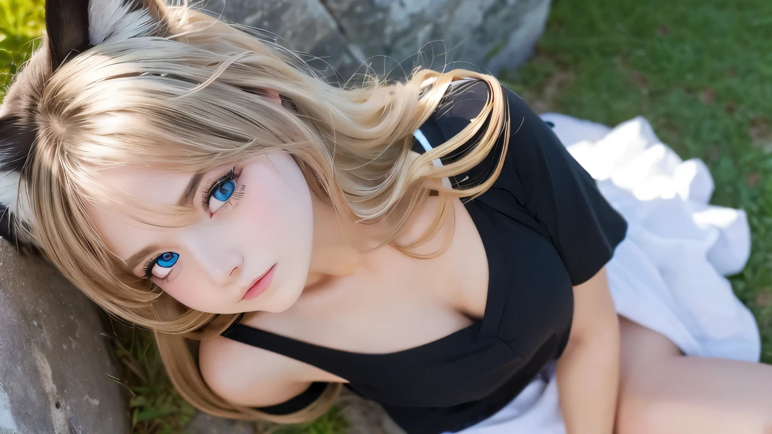 masterpiece, highest quality, Wolf Girl, elegant, One girl, Wolf Ears, Wolf's tail, cute, Blushed, View Viewer, From above, Blonde Wavy Hair, mini skirt, black and white striped t-shirt, blue eyes, Beautiful Eyes, Beautiful background, Particles of light, Light of the sun, Dramatic lighting, outside, Shiny, Realistic, masterpiece, highest quality, ultra-detailed, detailed, scenery, beautiful detailed eyes, detailed hair　Selfie