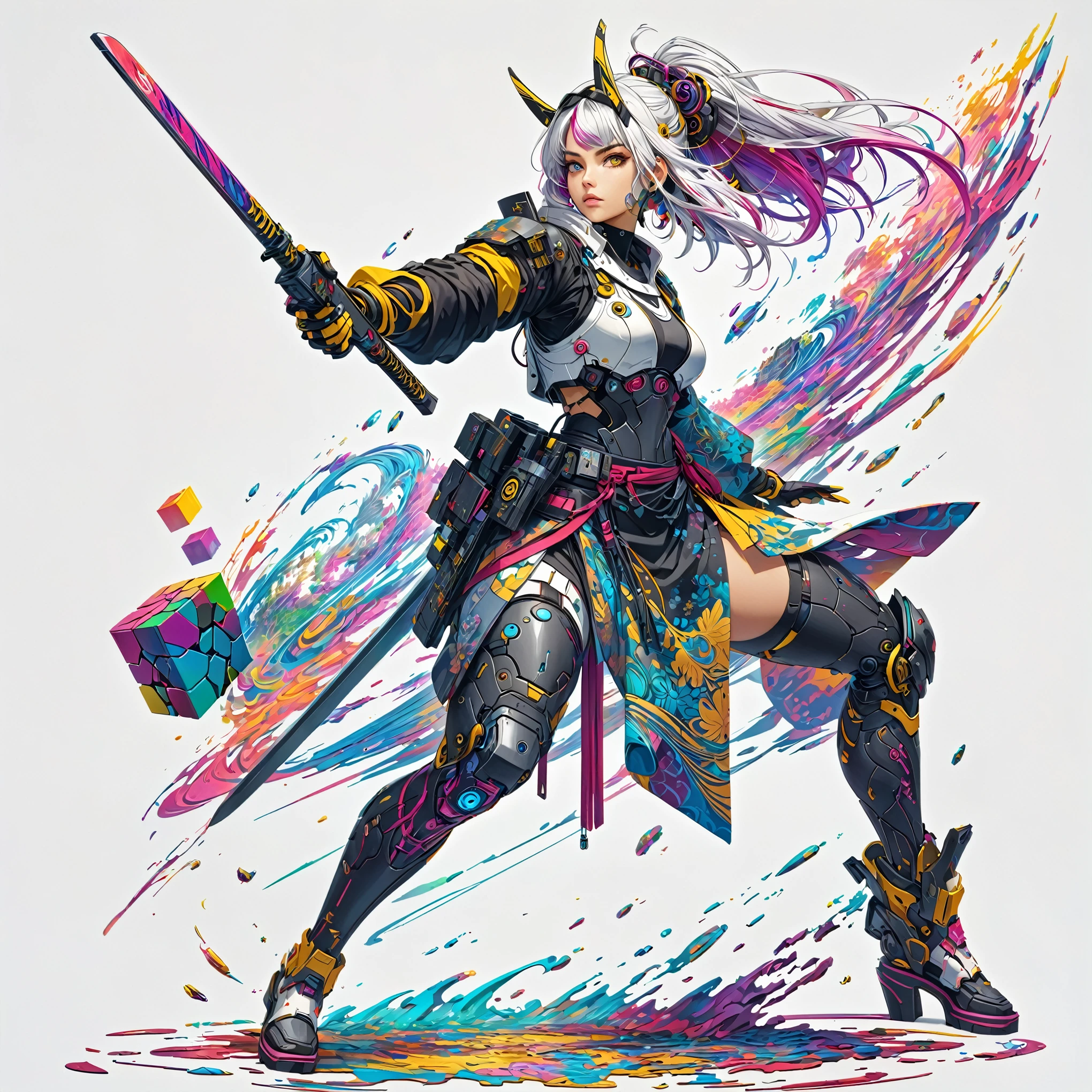 Fractal geometry、Fractal Art、cube,kimono,Holding a weapon in his hand、Female,yellow、white、gry,Less exposure、movement,Colorful Hair、Detailed face、Best Quality、Whole body　armor,cyberpunk　samurai、anime art wallpaper 4k, 、anime art wallpaper 4k, Anime Art Wallpapers 8K, Anime Style 4k, 4K Detailed Digital Art, Highly detailed digital art in 4K,white　background、 Amazing artwork in 8K, Beautiful Art UHD 4K, Digital Cyberpunk Anime Art, Color Field painting, Art Nouveau、 Cartoon Lively、modern art