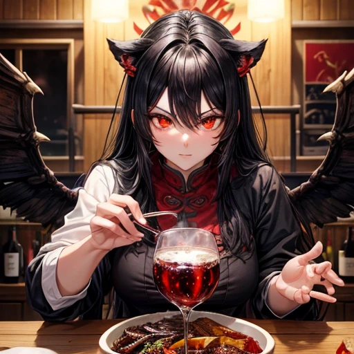 Lion, Black Hair, Red eyes, wing, Very monstrous Powerful Warrior Eating kalbi rice bowl Wine glass with red wine