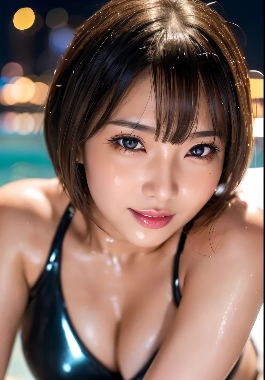 Thai Idol Mature Woman 35 years old Plump and glamorous figure Blonde with bangs ((eye glass)) スーパーシャイニーbright red lips Duck mouth Super shiny enamel metallic bikini Flushed cheeks ((Cyberpunk night city with shining laser beams)) Portrait Looking at the camera ((Dressing)) Sultry and sweaty shiny face Sweaty Sweaty, flushed face Frontal eye contact Kissing Face Open leg sitting Charming smile Portrait masterpiece Big brown eyes Depicted from below (Soaking wet woman) (Sunset) Ecstasy facial expression ((Tanned, wheat-colored skin)) ((Mature Woman)) Smokey makeup black mascara Black Swimsuit A shiny face with gaudy makeup