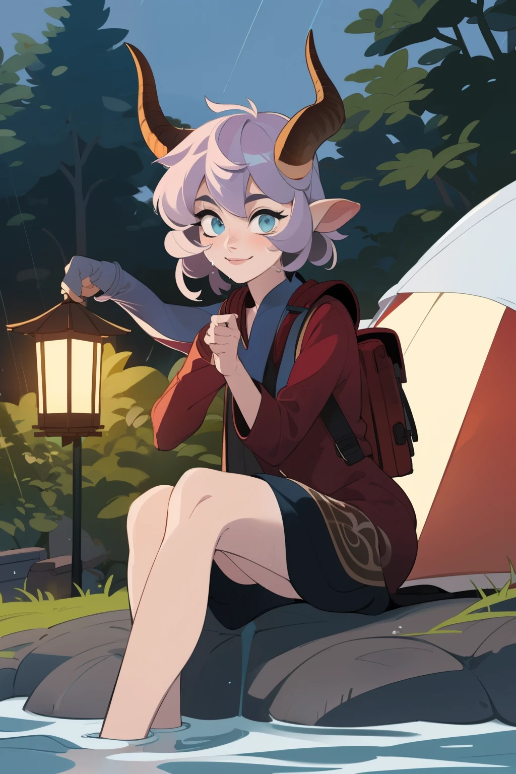 Girl traveler, short purple hair, two small horns on the head, she waits out the rain near her tent at the camp, looking at a bright lantern, next to her backpack, her hair is a little curled, eyes yellow and cheerful, her feet were wet