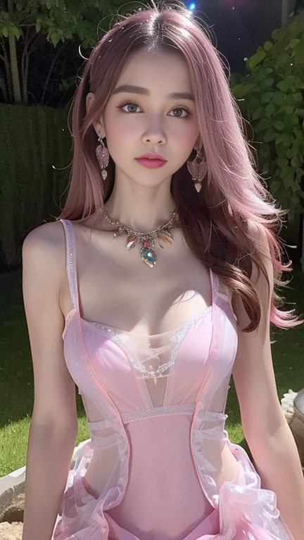 8K, ultra hd, masterpiece, 1 girl, (good face:1.4), detailed eyes, long hair, impressive hairstyle, earings, necklace, small breasts, (pink dress:1.5), see-through, (fantasy dress:1.5) Light-colored foundation brings out the transparency of the skin, (in the wonderland:1.5), mystery, diwali lights, glowing lights, very decoration, The lights falls like water, perfect front body,