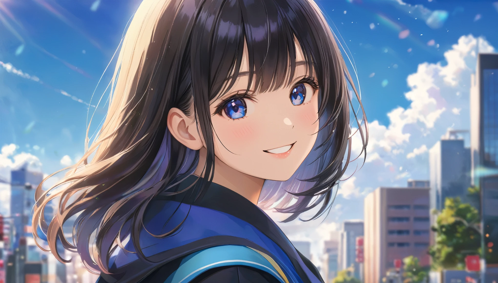 Downtown Tokyo, Sunny sky with fluffy white clouds, Building district, Blur the background,High school girl with black hair, Wearing a high ,smile,Glitter effect,highest quality, 4K, 8k, High resolution, masterpiece:1.2, Very detailed, Realistic:1.37, High resolution, 超High resolution, Studio Lighting, Ultra-fine painting, Sharp focus, Physically Based Rendering, Very detailedな説明, Professional, Vibrant colors, Portraiture, landscape, photograph. Blue dominates the color palette