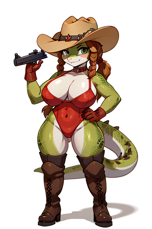 lizard girl, curvy, wide hips, huge breasts, full body, standing, red leotard, cowgirl, white background, shortstack, small girl, cowboy hat, boots, twintails, two guns, gloves