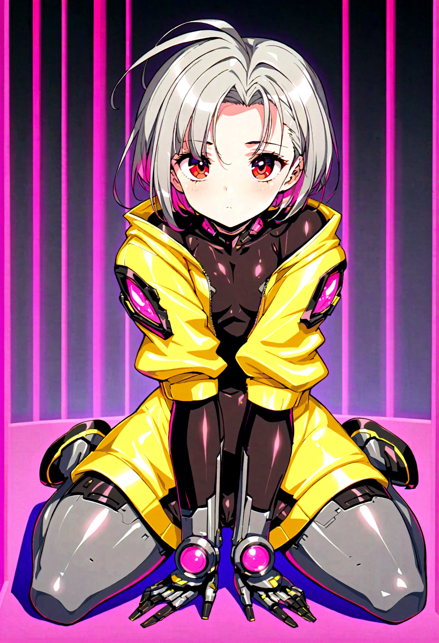 1 mature male cyborg, red eyes, wearing yellow jacket and black t-shirt, grey pans, cyber punk, sc-fi, absurdres, high res, ultrasharp, 8K, masterpiece, looking at viewer, full body, T position, green screen background