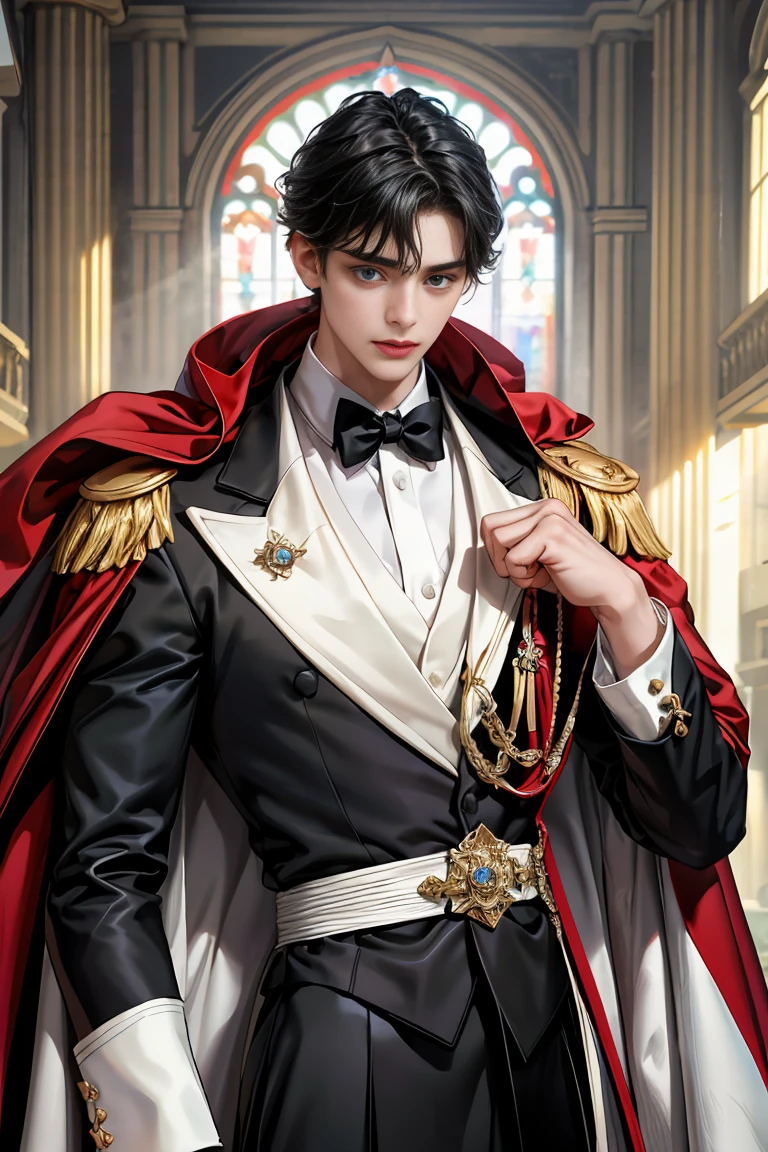 masterpiece, 最high quality, high quality, 1 boy, alone, Male focus, Watching the audience, Messy black hair, Adorable big blue eyes, White, Noble, Noble,Sexy voluminous cape、Tuxedo、A very voluminous, large, very large, very large, long, long red and black cape with a high stand-up collar, reaching down to the floor, made of a lot of fabric., ,Cute beautiful boys,Cute, cute, kind, handsome guy