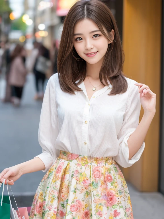 Cute 21-year-old Japanese girl, engaged in shopping, showcasing highly detailed facial features with attention to every small detail. Double eyelids accentuate her beautiful, thin nose, capturing sharp focus at 1.2, showcasing an exquisite beauty of 1.4. Her light brown hair, styled in a short bob, complements her pure white skin, achieved in the highest quality masterpiece, offering a hyper-high resolution (1.4) and realistic depiction. The professional lighting highlights the radiant, spring-inspired colors of her colorful clothes. A nice smile plays upon her lips as she reveals her whole body, clad in a cheerful skirt and