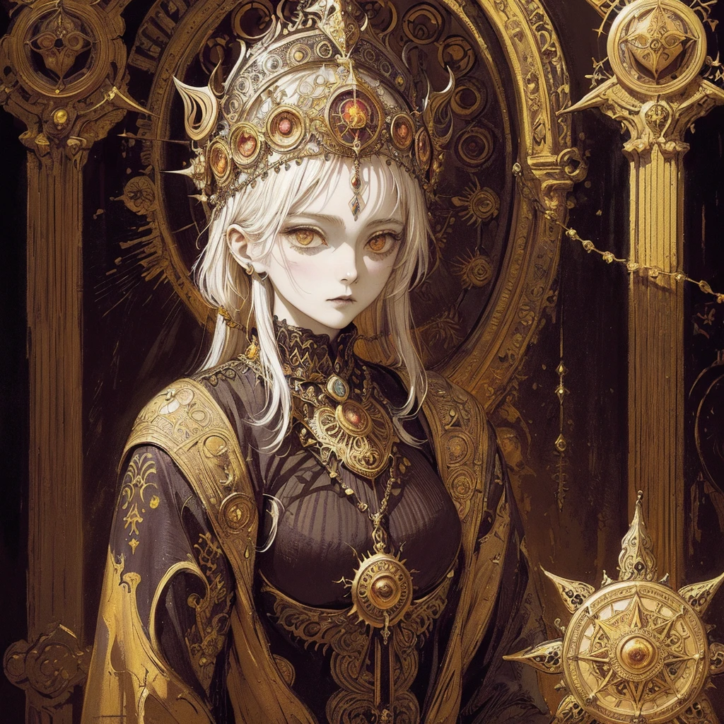 Art of a Woman Wearing a Sun Crown, (((Occult art))), Very detailed goddess ancient art, Sacredness. Very detailed, Mysterious inspiration, Inspiration from the Sun God, (Faded pictures :1.2), Snob face, (Gothic art style, Weird art style :1.3), faded colors