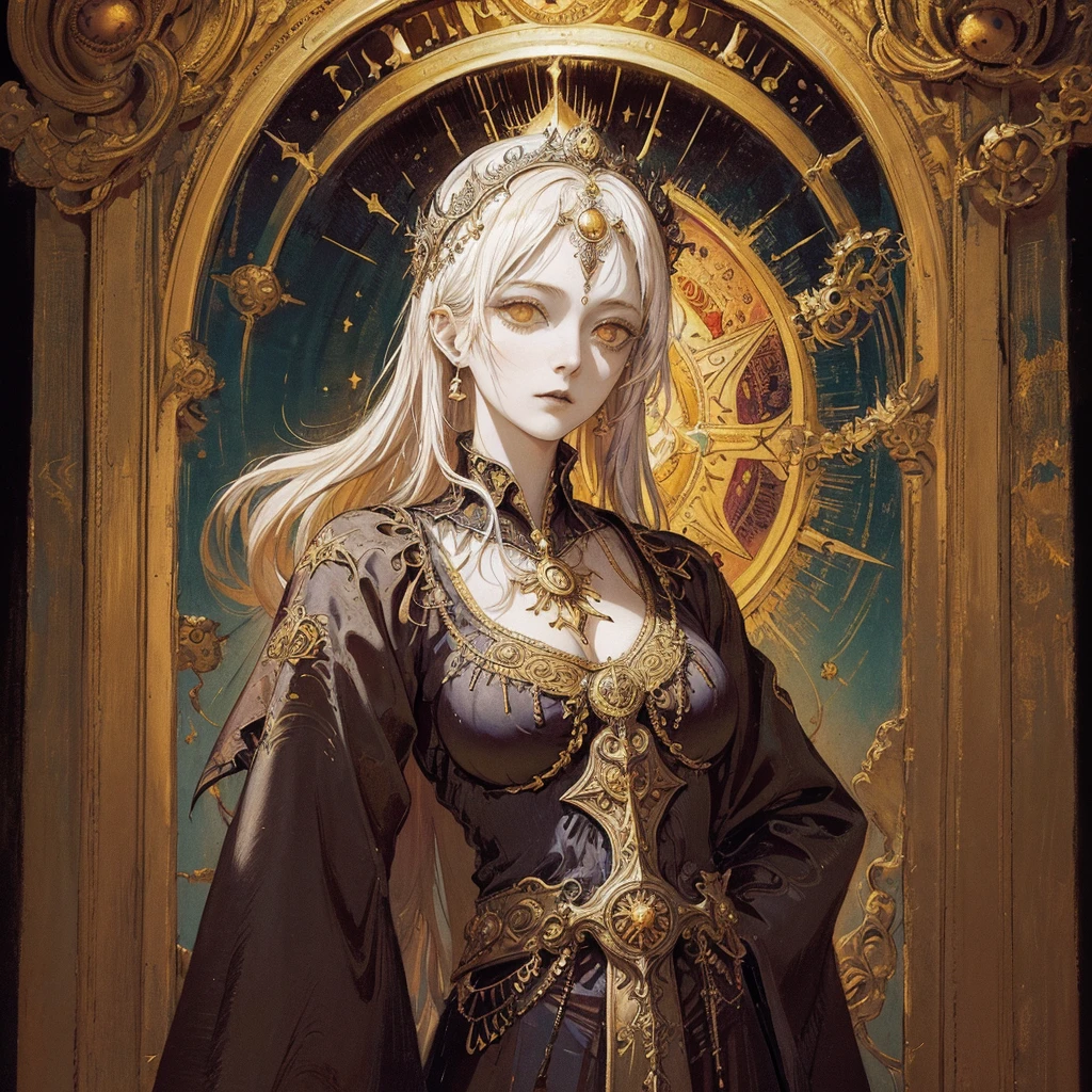 Art of a Woman Wearing a Sun Crown, (((Occult art))), Very detailed goddess ancient art, Sacredness. Very detailed, Mysterious inspiration, Inspiration from the Sun God, (Faded pictures :1.2), Snob face, (Gothic art style, Weird art style :1.3), faded colors