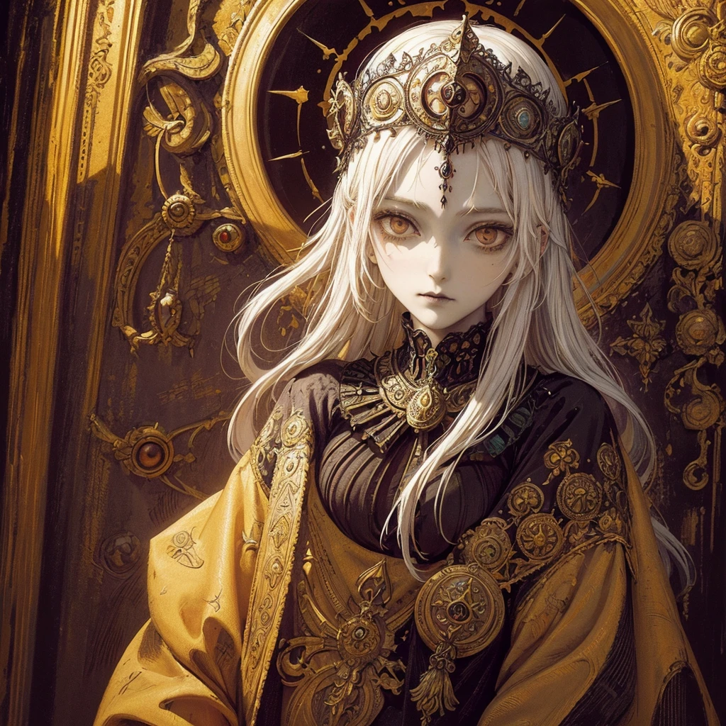 Art of a Woman Wearing a Sun Crown, (((Occult art))), Very detailed goddess ancient art, Sacredness. Very detailed, Mysterious inspiration, Inspiration from the Sun God, (Faded pictures :1.2), Snob face, (Gothic art style, Weird art style :1.3), faded colors