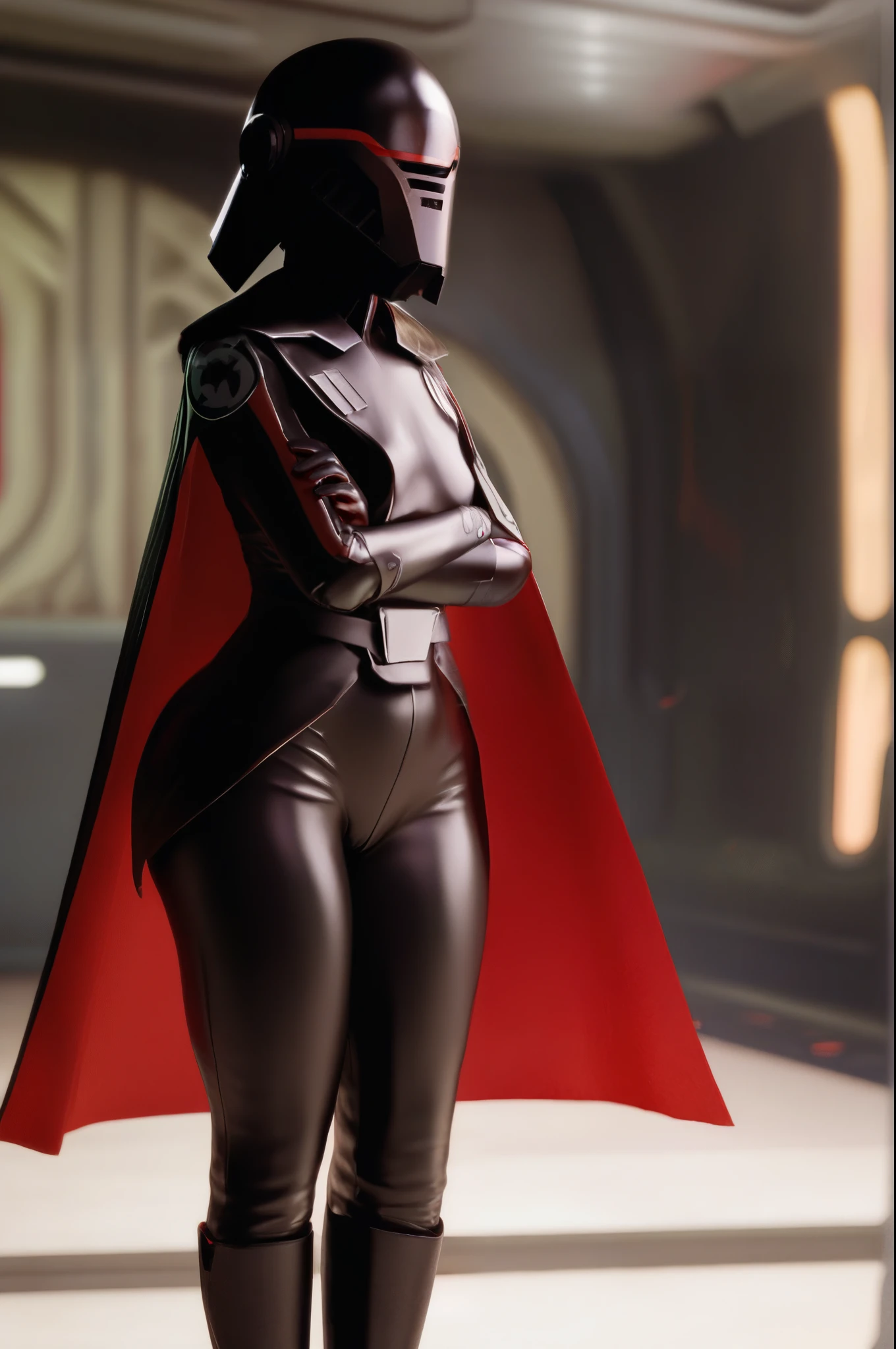 score_9, score_8_up, score_7_up, 3d,
BREAK, second_sister, trilla_suduri, star wars, inquisitor, regular lighting,
Trilla, helmet with red visor, cape, armor,black gloves,tight bodysuit, black cape, black pants, imperial symbol, (2nd sister outfit starwars),
solo, standing, from side, from front, from back, medium breasts, crossed arms, wide hips,
Imperial background, inside imperial quarters, big ass, thick thighs, mommy, showing buttcrack,  thong, perfect clothing 