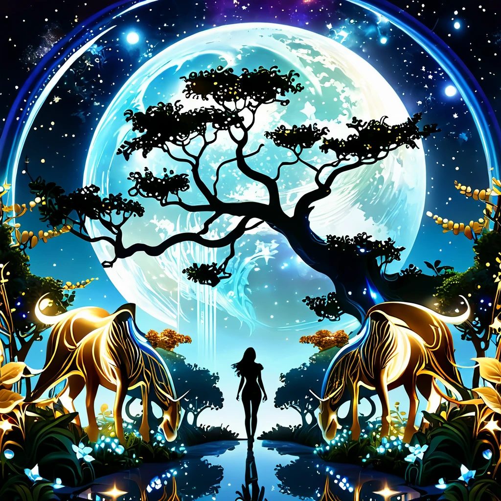Enter an endless and wonderful world of fantasy, Magic and technology come together，Paint a great picture. Imagine an enchanting Garden of Eden, AI creatures with shiny metallic bodies、A starry sky，Big Moon,