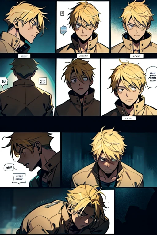 Anime guy with blonde hair buried alive and panicking , manga page with panels and dialogue 