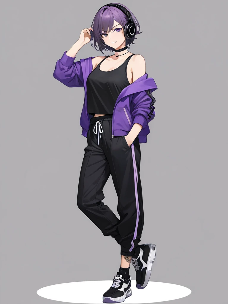 High-resolution anime digital art, Masterpiece, full body, Full of details, tomboy, mature, sexy, smart, hair color black, hairstyle short, real detail eyes pupil purple, short purple jacket, black tank top, black chokers, black headphone wireless, black long pants, black shoes, black sock, Angry face (simple background, white background)
