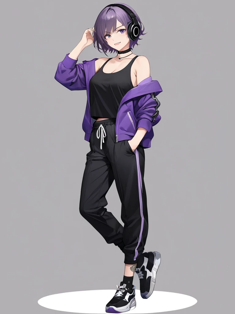High-resolution anime digital art, Masterpiece, full body, Full of details, tomboy, mature, sexy, smart, hair color black, hairstyle short, real detail eyes pupil purple, short purple jacket, black tank top, black chokers, black headphone wireless, black long pants, black shoes, black sock, Angry face (simple background, white background)