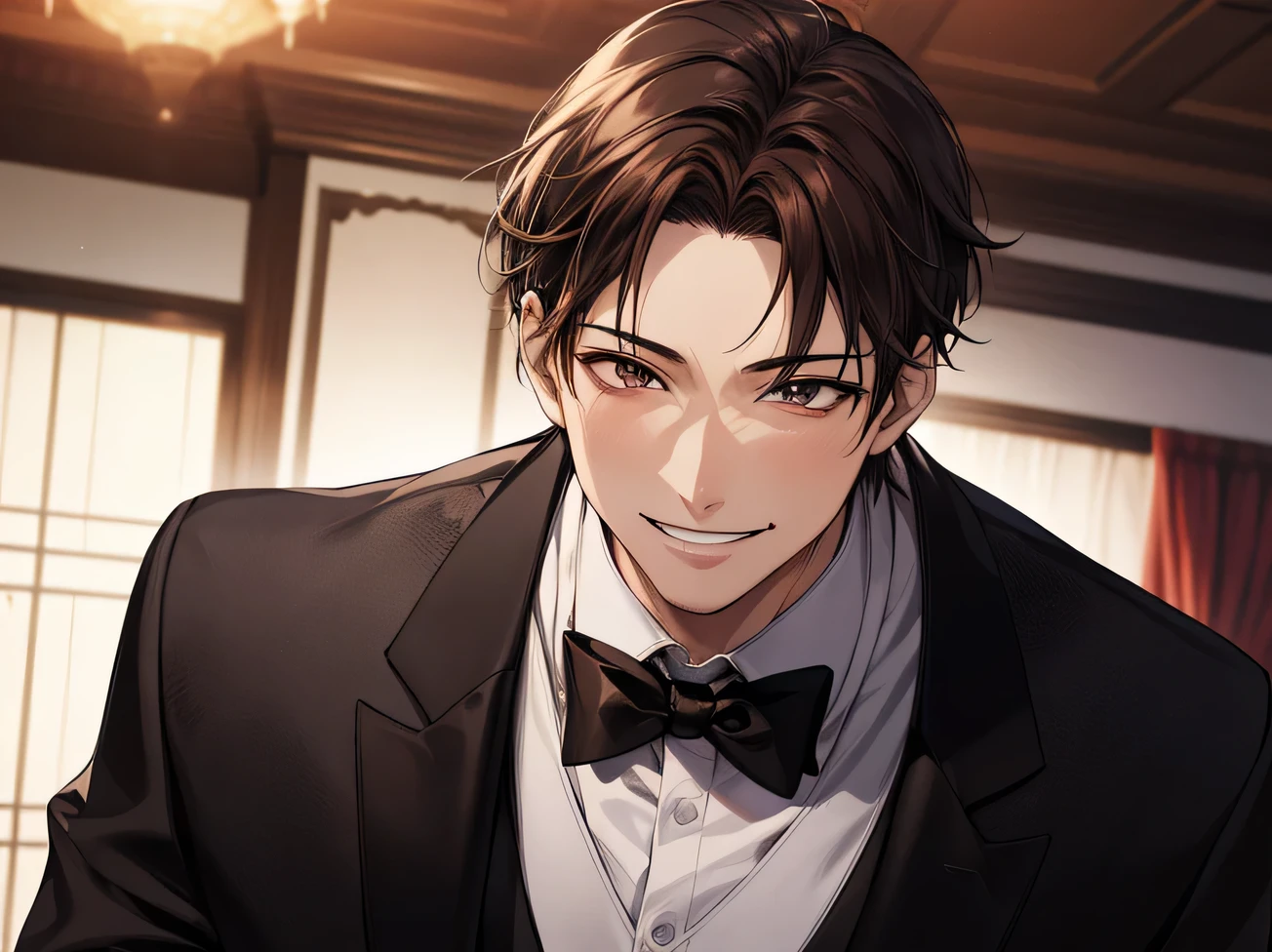 Dark room at night、Outside light,Dynamic Angle,masterpiece,Face close-up,Angle from below,male, 40 years old,(male1 person)、alone,Adult,Rin々Funny face,Sharp Eye,Evil smile brown hair,all back,Kakiage,A nice black tuxedo,sweating,,smile,An inappropriate smile,Background Spotlight,Background mansion room,night,
