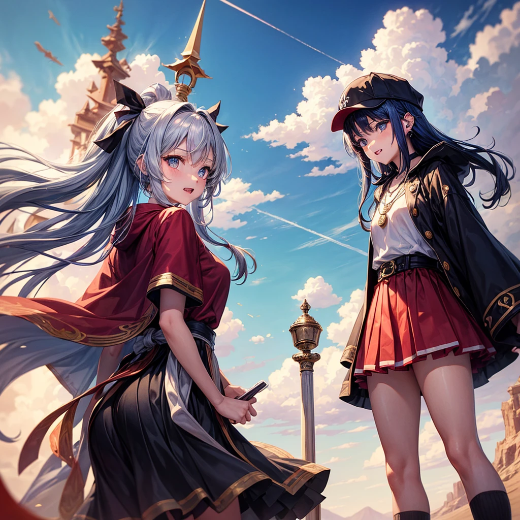 Red Blue Hair、Golden Eyes、Braid、One good looking girl、solo、anime、Checkered mini skirt、Ruffles on the skirt、Red T-shirt、Cape、Gothic、Black knee-high socks、Wearing a baseball cap、Wearing a ribbon、Ribbon on waist、Tilting face、Teeth are visible、Sunset sky、Piercing the clouds、Contrail、Cumulonimbus、Pillar of Light、Silver coin necklace、A world of light、shine、Tap from above、bell、torii、Desert Oasis、Magic square in the sky