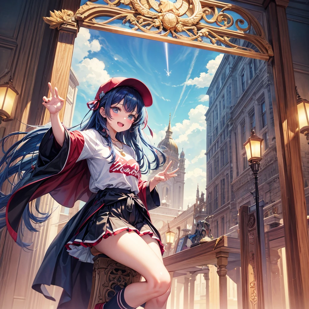 Red Blue Hair、Golden Eyes、Braid、One good looking girl、solo、anime、Checkered mini skirt、Ruffles on the skirt、Red T-shirt、Cape、Gothic、Black knee-high socks、Wearing a baseball cap、Wearing a ribbon、Ribbon on waist、Tilting face、Teeth are visible、Sunset sky、Piercing the clouds、Contrail、Cumulonimbus、Pillar of Light、Silver coin necklace、A world of light、shine、Tap from above、bell、torii、Desert Oasis、Magic square in the sky