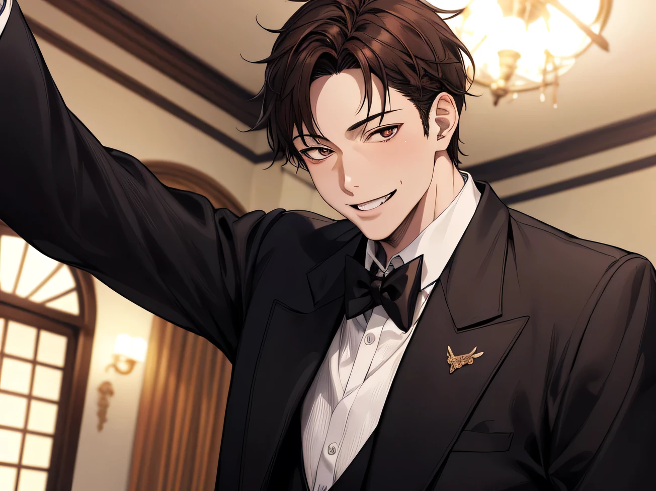 Dark room at night、Outside light,Dynamic Angle,masterpiece,Face close-up,Angle from below,male, 40 years old,(male1 person)、alone,Adult,Rin々Funny face,Sharp Eye,Evil smile brown hair,all back,Kakiage,A nice black tuxedo,sweating,,smile,An inappropriate smile,Background Spotlight,Background mansion room,night,