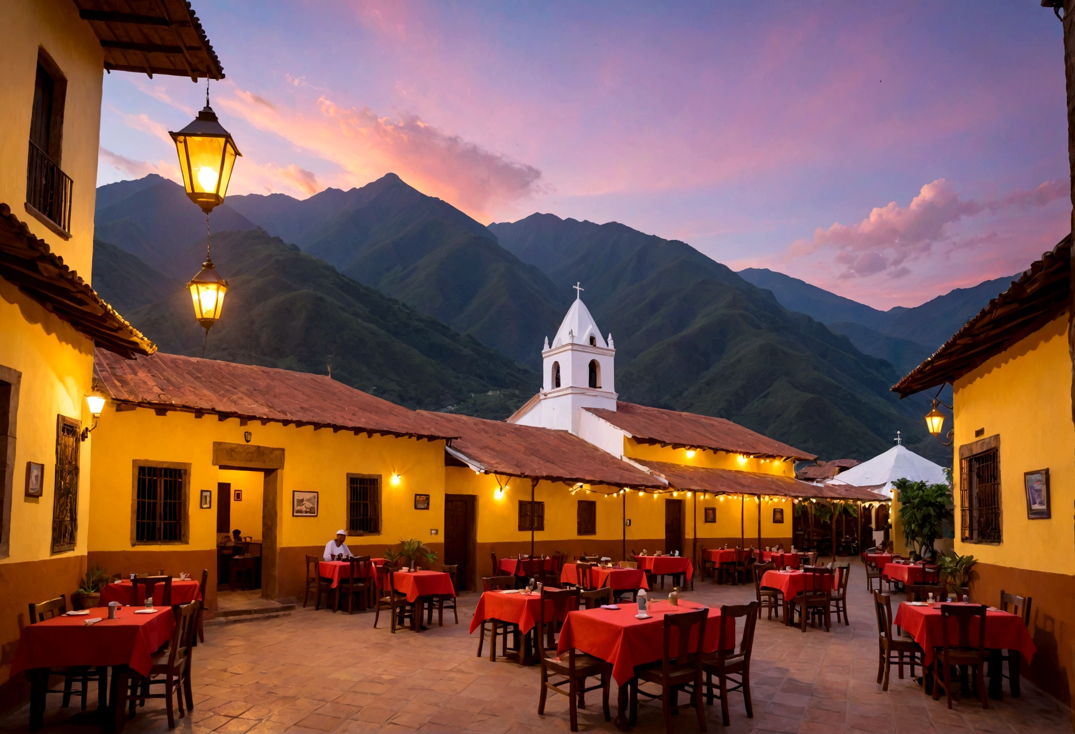 Pueblo colombiano, restaurante antiguo de pueblo, Coffee shop, ventanal hacia la plaza, iglesia, mountains