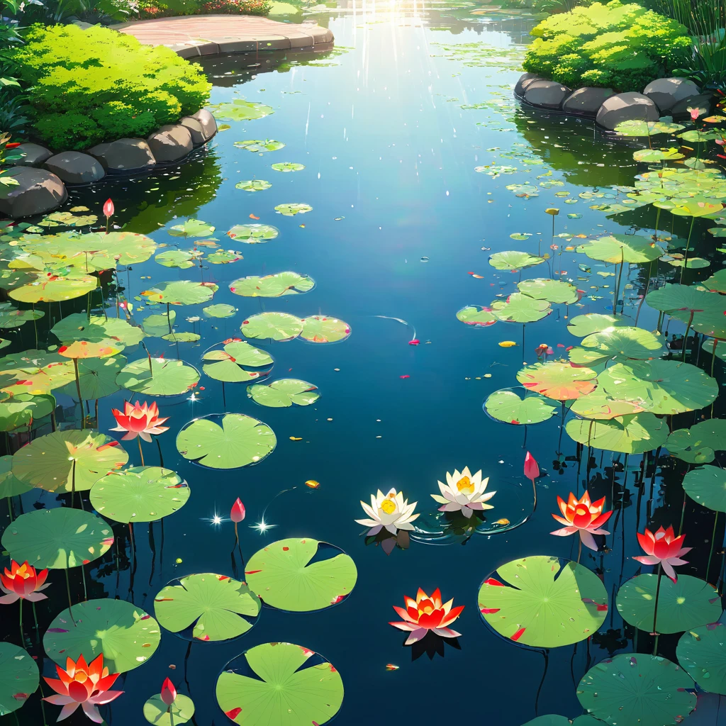Pool, water surface, Silence, green, Waterweed, lotus leaves, carp, vivid, red, white, orange, pattern, grace, swim, water pattern, reflection, rainbow, Seven Colors, Gradation, arch, beautiful, Fantasy, mysterious, after the rain, sun, Light, Water Drop, Sparkle, Japanese wind garden, Japanese garden, Silence, peace, Healing, vitality, Art of Nature, miracle, moment,beautiful Anime Scenery, Landscape painting, beautifulデジタル絵画, Andreas Rocha, beautifulアートワークのイラスト, Awesome Wallpapers, Raymond Han, 背の高いbeautiful絵画, Studio Greeble Makoto Shinkai, beautiful壁紙, Anime Scenery