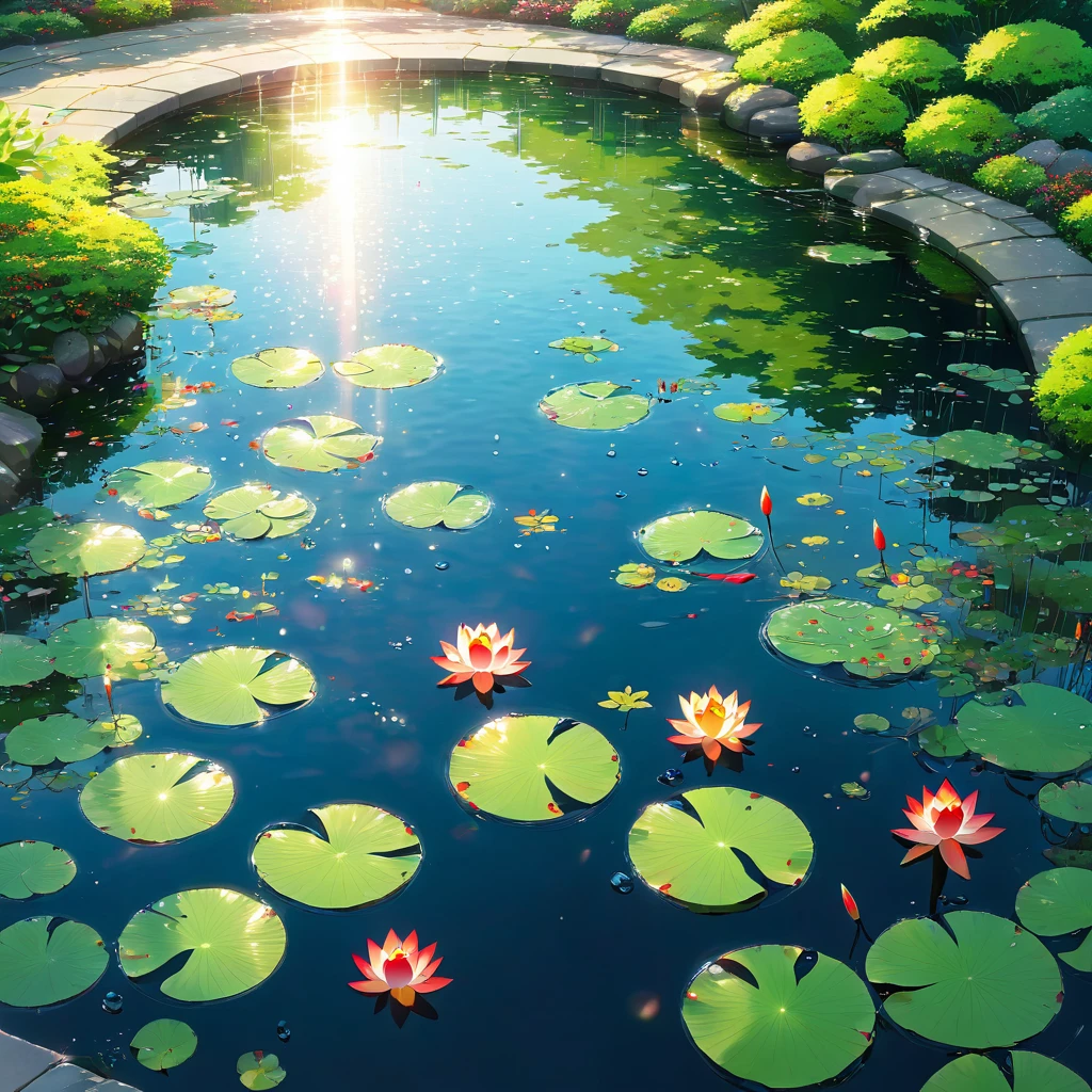 Pool, water surface, Silence, green, Waterweed, lotus leaves, carp, vivid, red, white, orange, pattern, grace, swim, water pattern, reflection, rainbow, Seven Colors, Gradation, arch, beautiful, Fantasy, mysterious, after the rain, sun, Light, Water Drop, Sparkle, Japanese wind garden, Japanese garden, Silence, peace, Healing, vitality, Art of Nature, miracle, moment,beautiful Anime Scenery, Landscape painting, beautifulデジタル絵画, Andreas Rocha, beautifulアートワークのイラスト, Awesome Wallpapers, Raymond Han, 背の高いbeautiful絵画, Studio Greeble Makoto Shinkai, beautiful壁紙, Anime Scenery