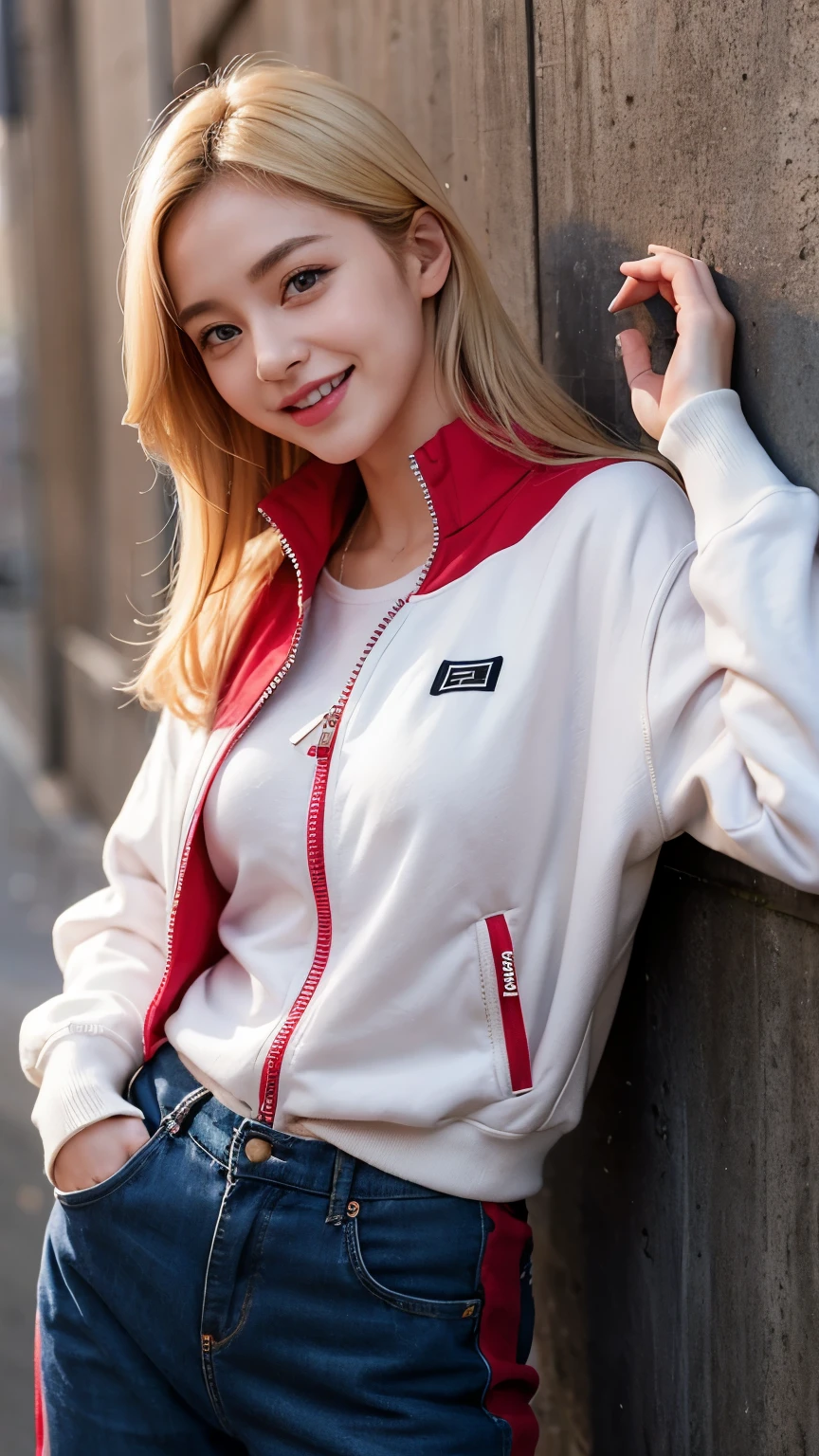 highest quality、Tree Eyes、Bad Girls、Leaning against a wall、Reach into your jacket pocket、Small breasts、Orgasmic face、Japanese、20age、Blonde、Red zipper jersey、Jersey pants、Mischievous Smile