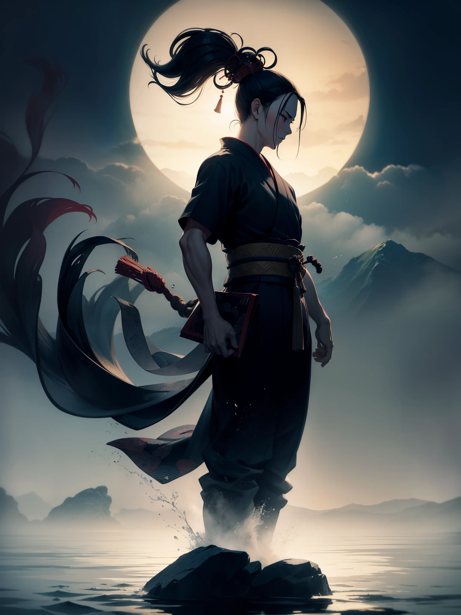 Ukiyo-e Art, ukiyo-e, cinematic shadow, silhouette, standing, fog, gray skies, cinematic lighting, horizon, water drop, epic,