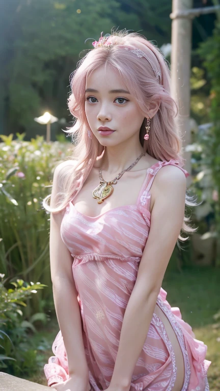 8K, ultra hd, masterpiece, 1 girl, (good face:1.4), detailed eyes, long hair, impressive hairstyle, earings, necklace, small breasts, (pink dress:1.5), see-through, (fantasy dress:1.5) Light-colored foundation brings out the transparency of the skin, (in the wonderland:1.5), mystery, diwali lights, glowing lights, very decoration, The lights falls like water, perfect front body,