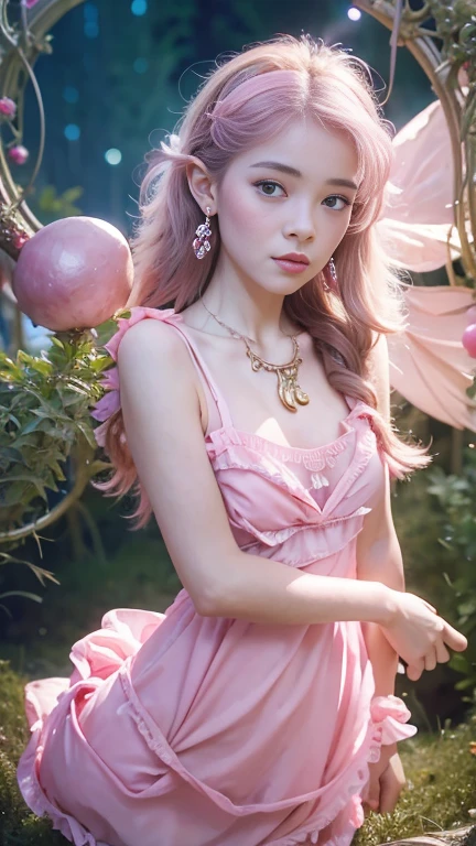 8K, ultra hd, masterpiece, 1 girl, (good face:1.4), detailed eyes, long hair, impressive hairstyle, earings, necklace, small breasts, (pink dress:1.5), see-through, (fantasy dress:1.5) Light-colored foundation brings out the transparency of the skin, (in the wonderland:1.5), mystery, diwali lights, glowing lights, very decoration, The lights falls like water, perfect front body,