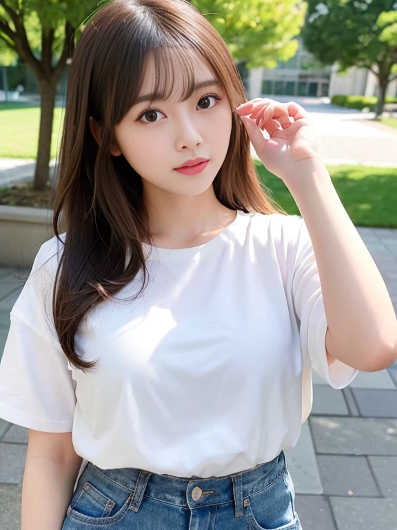 (Masterpiece, Best Quality, Ultra-detailed, finely detailed, High Resolution: 1.5 in 8K)

Cute 21-year-old Japanese girl studying on campus, showcasing Highly detailed facial features with a beautiful thin nose, double eyelid, and a pure white skin tone. Attention to detail is evident with Sharp focus: 1.2 and realistic lighting. (Short light brown hair)

The focus remains on her whole body with Beauty: 1.4, wearing colorful spring clothes that accentuate her slender yet curvaceous figure. Her jeans are distressed but stylish, complementing the professional lighting around her.