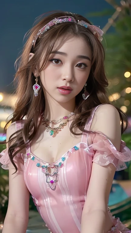 8K, ultra hd, masterpiece, 1 girl, (good face:1.4), detailed eyes, long hair, impressive hairstyle, earings, necklace, small breasts, (pink dress:1.5), see-through, (fantasy dress:1.5) Light-colored foundation brings out the transparency of the skin, (in the wonderland:1.5), mystery, diwali lights, glowing lights, very decoration, The lights falls like water, perfect front body,