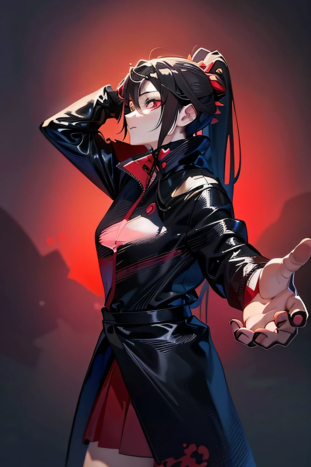 anime girl with long hair, in a ponytail, dark hair, crimson red eyes, demon pupils, posing for a picture, anime visual of a seductive girl, black suit, pretty anime girl, (anime girl), cute anime girl, cute anime waifu, attractive anime girl, beautiful anime girl, smooth anime cg art
