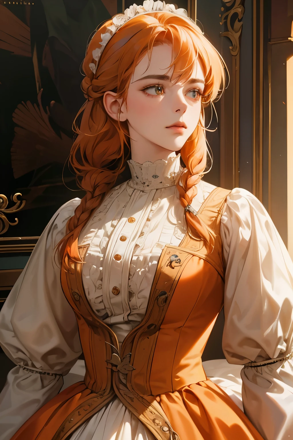 masterpiece, best quality, Practical, (absurd, High resolution, Super detailed), victorian era, Europe in the 18th century,noble,Orange hair color,braid, Delicate and meticulous, 8K, Reality, Dramatic Lighting, high quality, Complex design, classical portrait, enlarged texture, Exquisite details