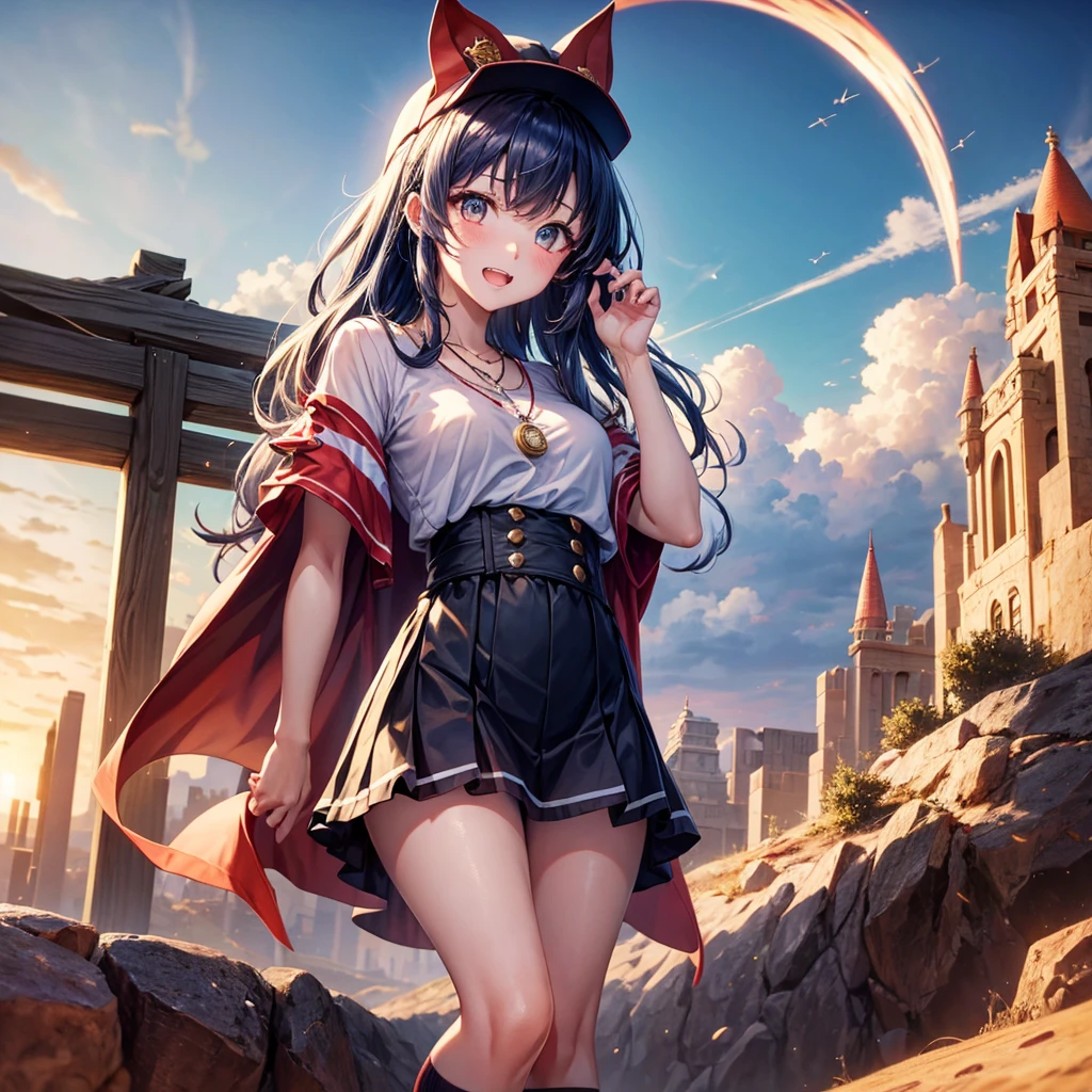 Red Blue Hair、Golden Eyes、Braid、One good looking girl、solo、anime、Checkered mini skirt、Ruffles on the skirt、Red T-shirt、Cape、Gothic、Black knee-high socks、Wearing a baseball cap、Wearing a ribbon、Ribbon on waist、Tilting face、Teeth are visible、Sunset sky、Piercing the clouds、Contrail、Cumulonimbus、Pillar of Light、Silver coin necklace、A world of light、shine、Tap from above、bell、torii、Desert Oasis、Magic square in the sky