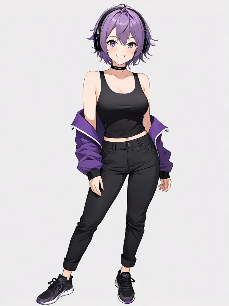 High-resolution anime digital art, Masterpiece, half body, tomboy, mature, sexy, smart, hair color black, hairstyle short, real detail eyes pupil purple, short purple jacket, black tank top, black chokers, black headphone wireless, black long pants, black shoes, black sock, Happy face (simple background, white background)