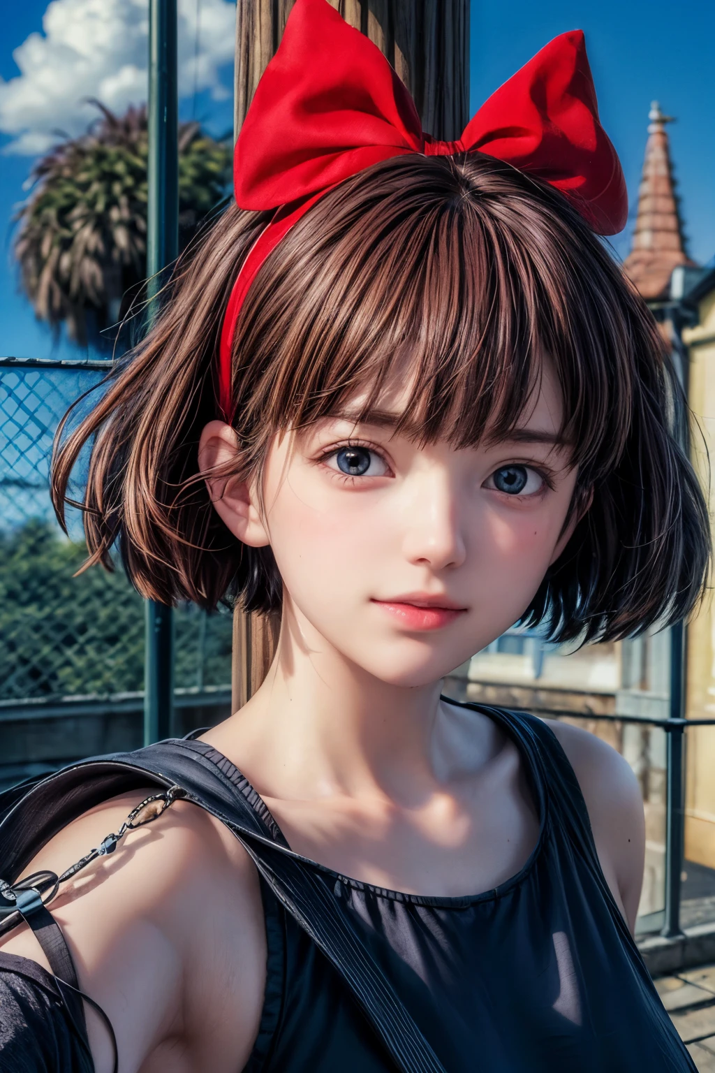 (masterpiece:1.4), (highest quality:1.4), (High resolution:1.4),girl, Kiki on a flying broom,cloud, Black Robe, Red hair ribbon, Shoulder bag, （8K，RAW Photos），（Best Quality），（Masterpiece Loose），（Realistic，）（写実的でRealistic），（High resolution），Hyper Detail，（Gentel Realism：1.1），Beautiful Face， （1 Female：1.1），High resolution), (8k), (Very detailed), (4K), (Pixiv), Perfect Face, Beautiful eyes and face, (highest quality), (Very detailed), Detailed face and eyes, (alone), Textured skin, Absurd, High resolution,