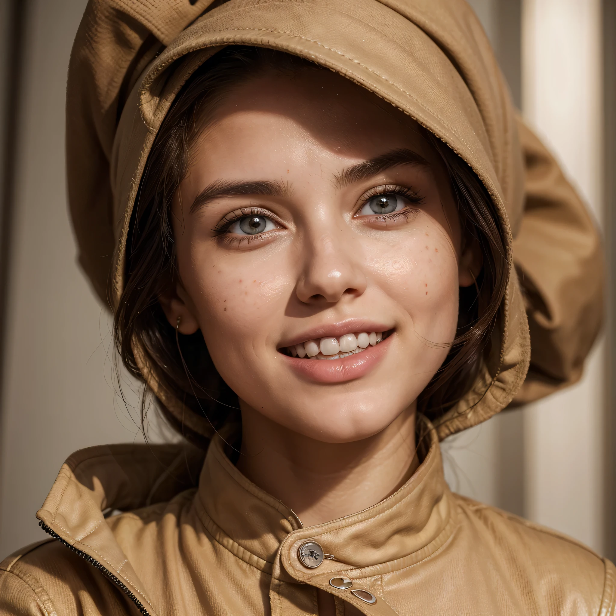 (8k, highest quality, ultra detailed:1.37, mid-range image), 1girl, white teethes, wide open eyes, 18yo, brown jacket, brown eyes, small head, acne,bad skin,small nose, acne skin, real, thick hair, super realistic detailed eyes, super realistic detailed teethes, Palestinian women, modest, attractive smile, white teeth, showcases her unique fashion sense in a trendy setting. The high-resolution image captures ultra-detailed realism, highlighting confident pose, captivating eyes, big eyes, and flawless complexion.