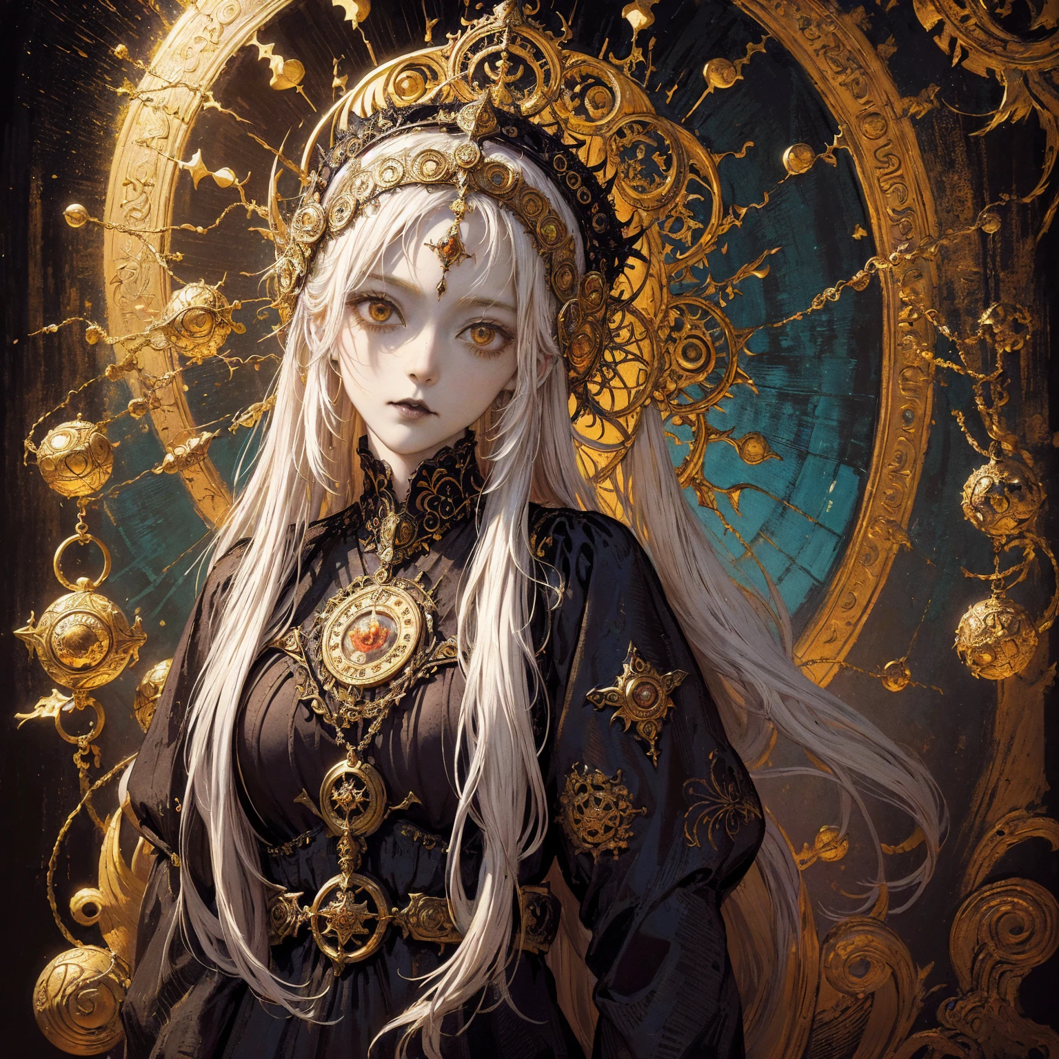 Art of a Woman Wearing a Sun Crown, (((Occult art))), Very detailed goddess ancient art, Sacredness. Very detailed, Mysterious inspiration, Inspiration from the Sun God, (Faded pictures :1.2), Snob face, Full body portrait, (Gothic art style, Weird art style :1.3), faded colors