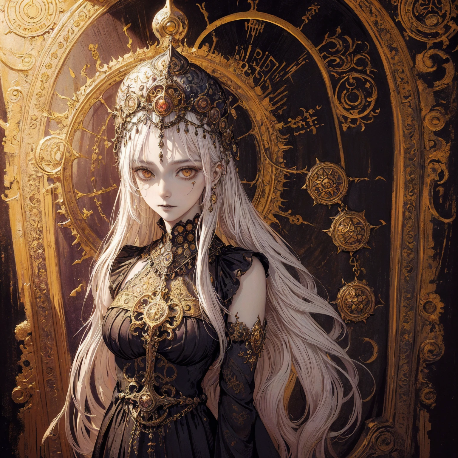 Art of a Woman Wearing a Sun Crown, (((Occult art))), Very detailed goddess ancient art, Sacredness. Very detailed, Mysterious inspiration, Inspiration from the Sun God, (Faded pictures :1.2), Snob face, Full body portrait, (Gothic art style, Weird art style :1.3), faded colors