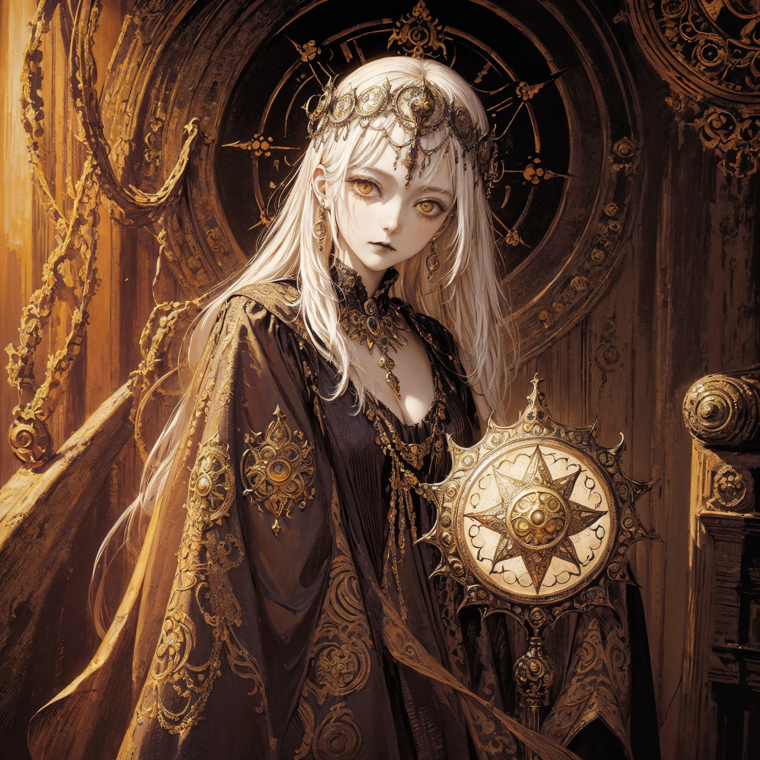 Art of a Woman Wearing a Sun Crown, (((Occult art))), Very detailed goddess ancient art, Sacredness. Very detailed, Mysterious inspiration, Inspiration from the Sun God, (Faded pictures :1.2), Snob face, Full body portrait, (Gothic art style, Weird art style :1.3), faded colors