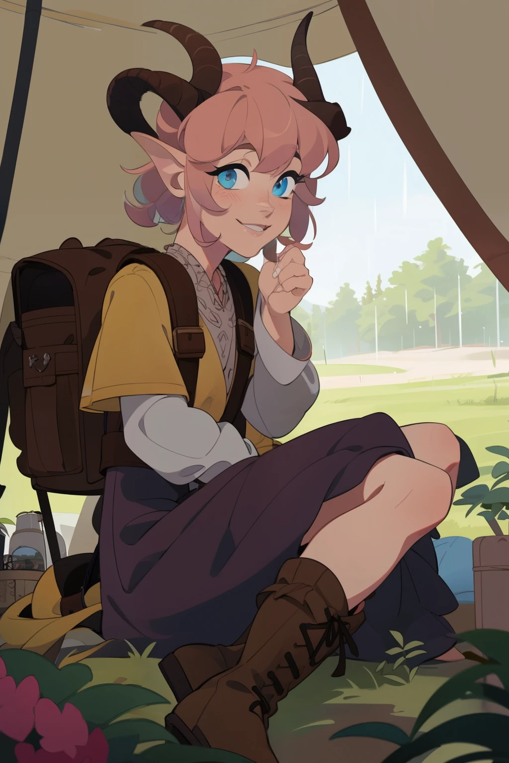Girl traveler, short pink hair, two small horns on the head, she waits out the rain near her tent at the camp, looking at a bright lantern, next to her backpack, her hair is a little curled, eyes yellow and cheerful, The tent is warm and cozy, boots with laces on his feet
