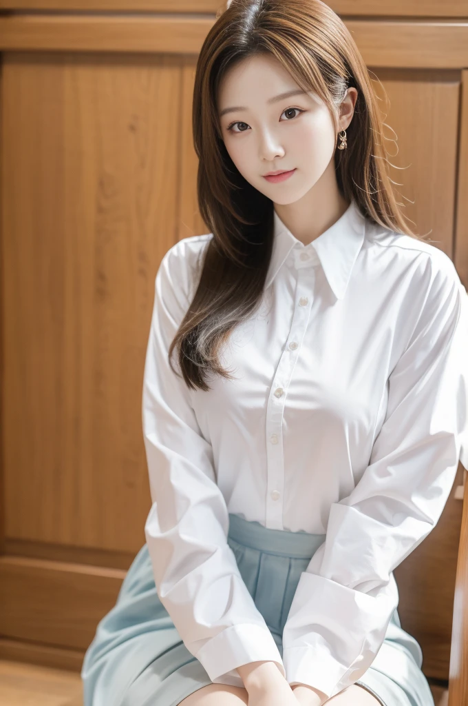 Close-up：A woman in a white shirt sits on a chair, Beautiful young Korean woman, White clothes are transparent, breast，can be seen