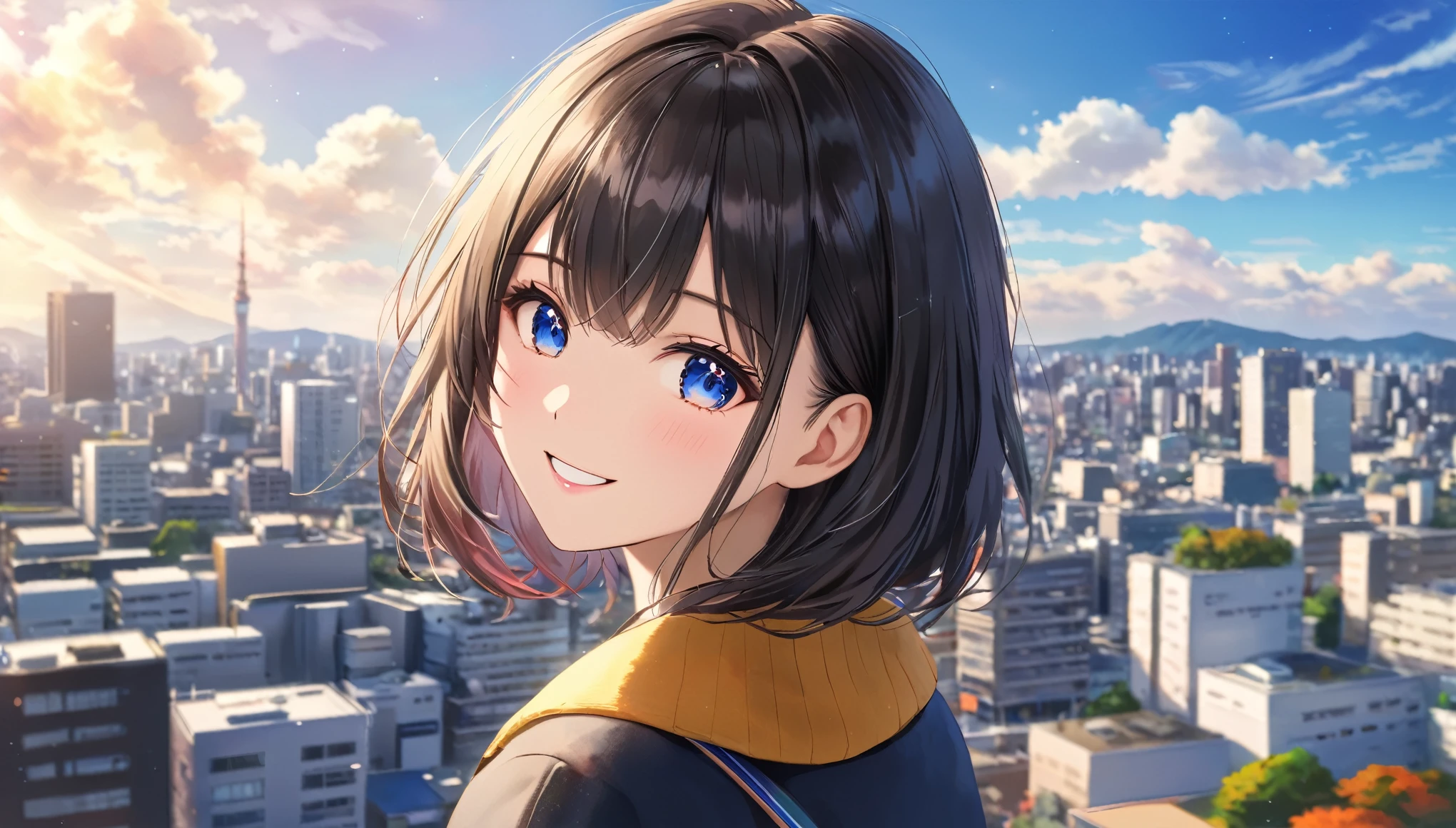 Downtown Tokyo, Sunny sky with fluffy white clouds, Building district, Blur the background,High school girl with black hair, Wearing a high ,smile,Glitter effect,highest quality, 4K, 8k, High resolution, masterpiece:1.2, Very detailed, Realistic:1.37, High resolution, 超High resolution, Studio Lighting, Ultra-fine painting, Sharp focus, Physically Based Rendering, Very detailedな説明, Professional, Vibrant colors, Portraiture, landscape, photograph. Blue dominates the color palette