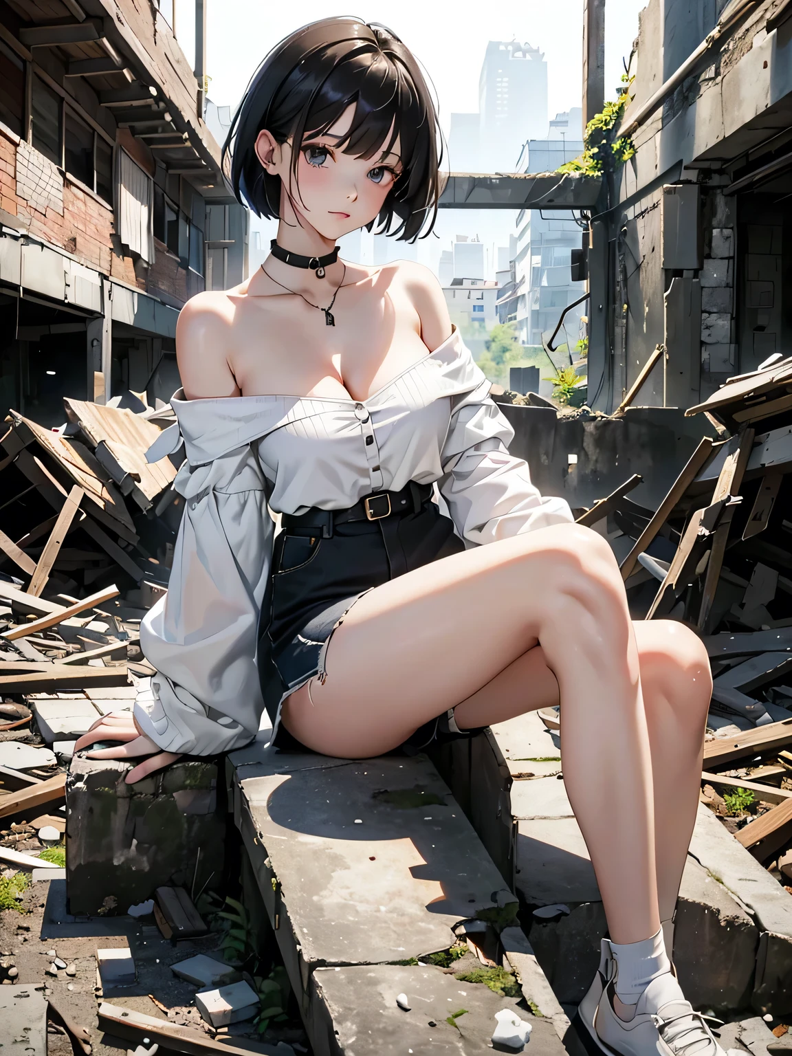 (masterpiece:1.5、highest quality、Every detail,Great lighting,Written boundary depth)(One Girl,alone)(pretty girl,Woman in off-the-shoulder clothes:1.4,Lifting the hem of the clothes、Shorts、White Bob、beautiful medium-sized breasts,Beautiful cleavage,thin and white legs、White skin)(ruins、Dilapidated building、Collapsed wall)(Close-up)(Elegant woman posing、Sitting)