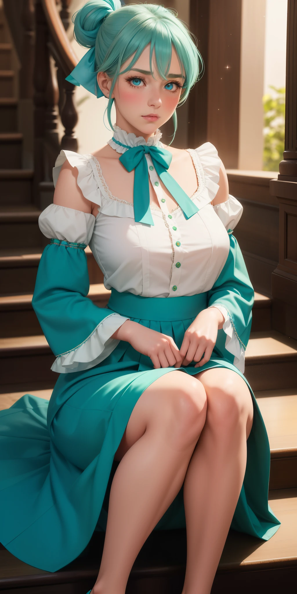 realistic, 1 20 year old girl, sensual body, hair tied with a ribbon bow, turquoise green hair, blue eyes, bright eyes, blouse with stylish neckline, puffed sleeves, red skirt, soft makeup, shy, blush, night, stars, sitting, on the stairs, sitting, looking at the spectator, in love