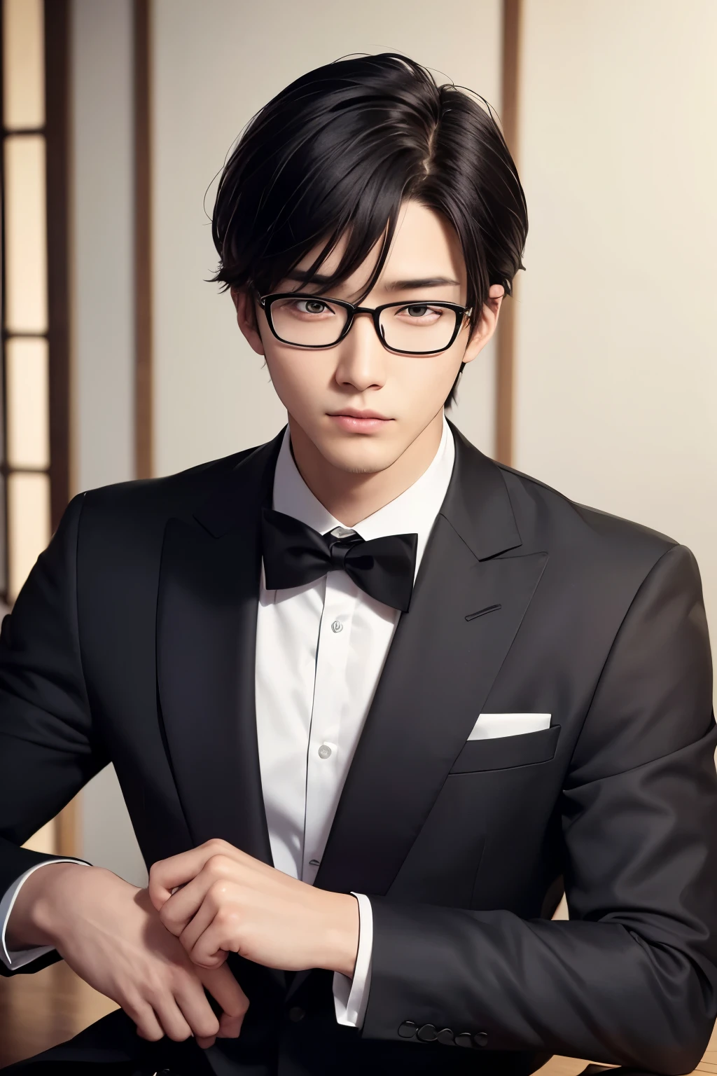 Create a realistic portrait of a japanese man, he is 23, with a slender yet athletic build, about 173 cm tall. He has a slightly round face with delicate features, fair skin, and brown, almond-shaped eyes. He wears blue rectangular glasses and has short, straight black hair with a neat side part. His expression should reflect quiet determination and a hint of vulnerability. Depict him in a black tuxedo, with a polished and sophisticated look. Ensure lifelike details, realistic skin textures, and focus on his facial expression conveying quiet determination and vulnerability.