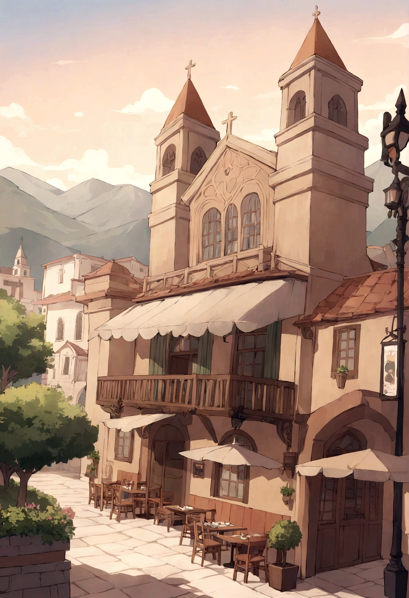 Anime, estilo anime de Pueblo colombiano, restaurante antiguo de pueblo, Coffee shop, ventanal hacia la plaza, iglesia, mountains