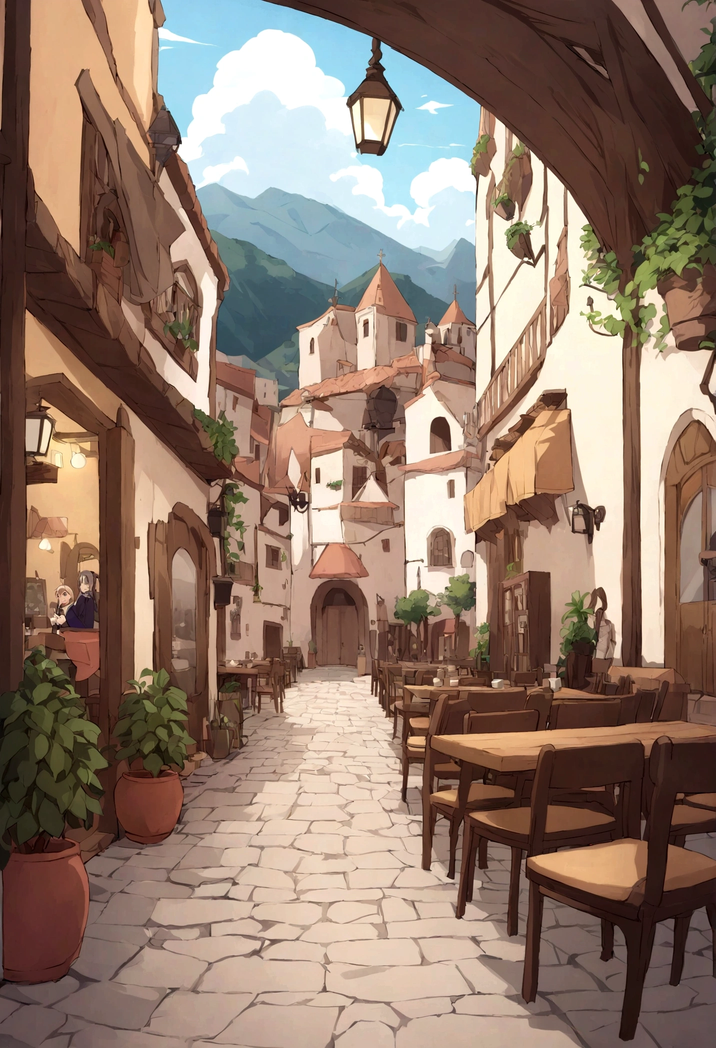 Anime, estilo anime de Pueblo colombiano, restaurante antiguo de pueblo, Coffee shop, ventanal hacia la plaza, iglesia, mountains