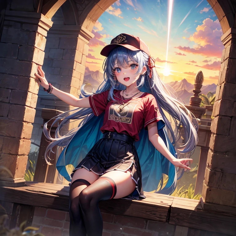 Red Blue Hair、Golden Eyes、Braid、One good looking girl、solo、anime、Checkered mini skirt、Ruffles on the skirt、Red T-shirt、Cape、Gothic、Black knee-high socks、Wearing a baseball cap、Wearing a ribbon、Ribbon on waist、Tilting face、Teeth are visible、Sunset sky、Piercing the clouds、Contrail、Cumulonimbus、Pillar of Light、Silver coin necklace、A world of light、shine、Tap from above、bell、torii、Desert Oasis、Magic square in the sky